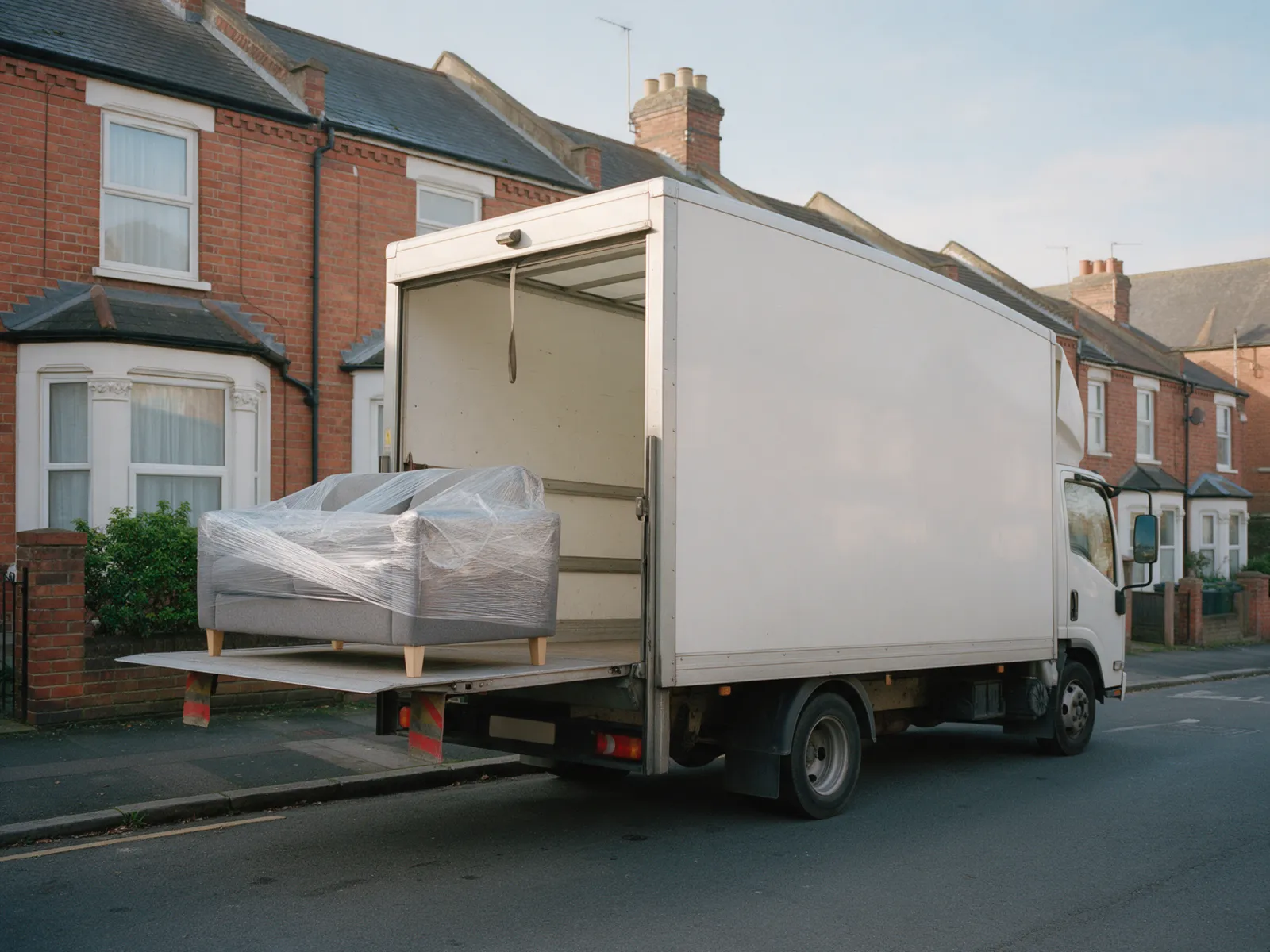 White Luton van with its tail lift lowered and a sofa on the platform, outside a terraced house