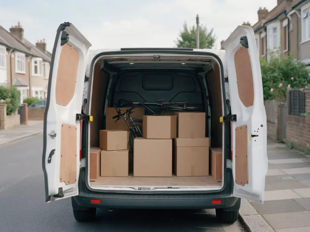 Rear doors of a medium van open, with moving boxes on the load floor